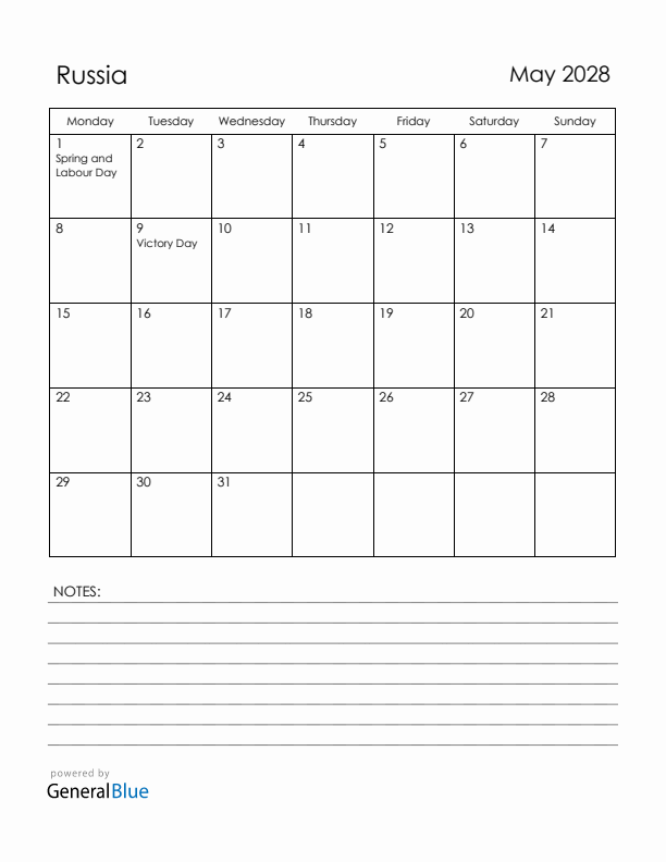 May 2028 Russia Calendar with Holidays (Monday Start)