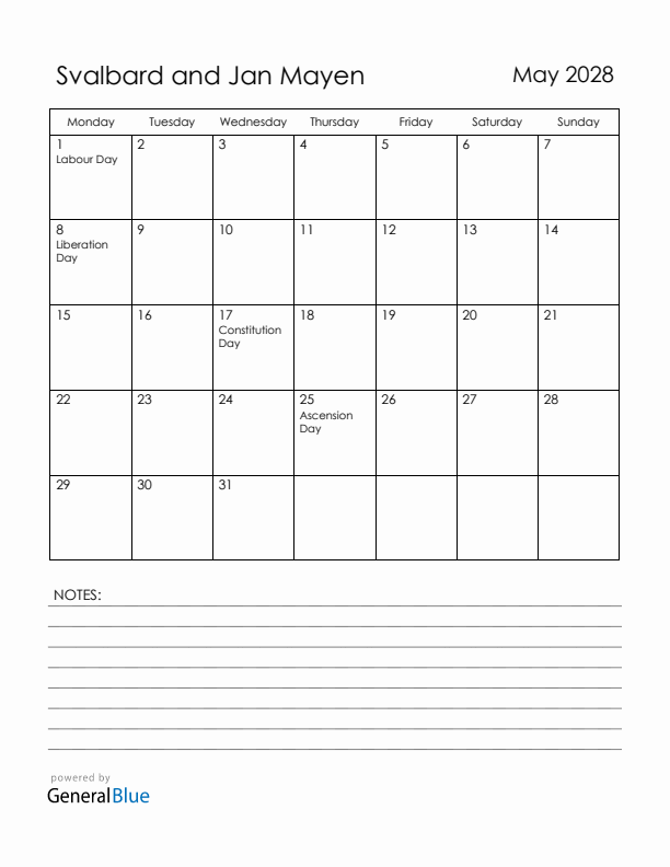 May 2028 Svalbard and Jan Mayen Calendar with Holidays (Monday Start)