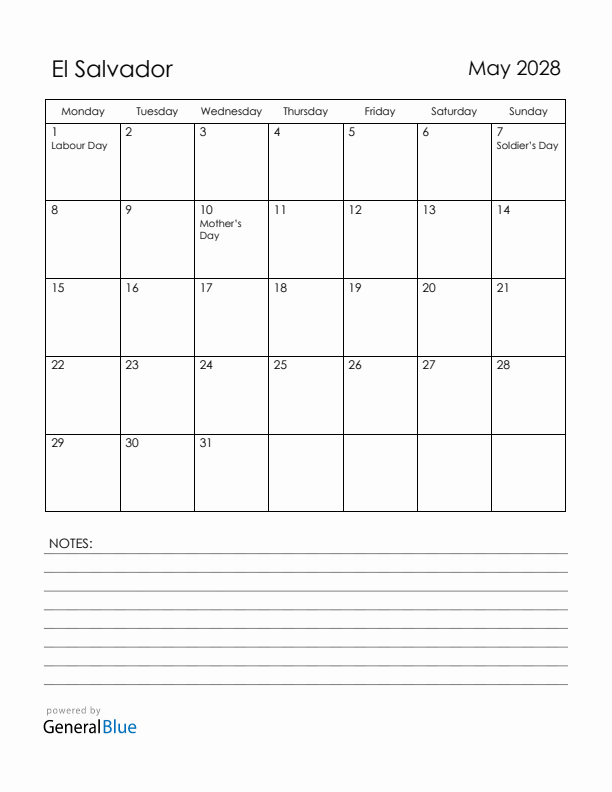 May 2028 El Salvador Calendar with Holidays (Monday Start)