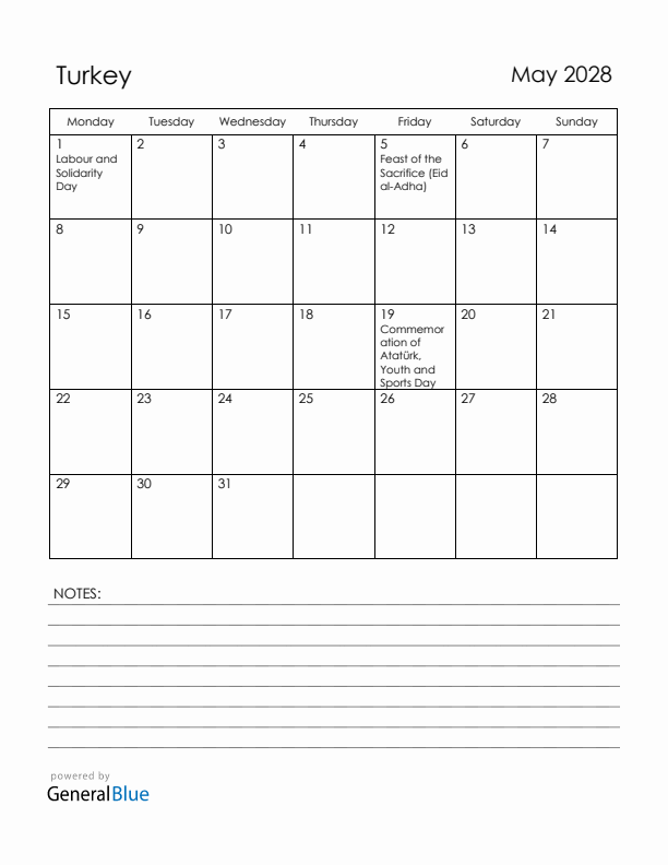 May 2028 Turkey Calendar with Holidays (Monday Start)