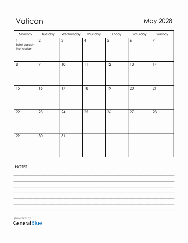 May 2028 Vatican Calendar with Holidays (Monday Start)