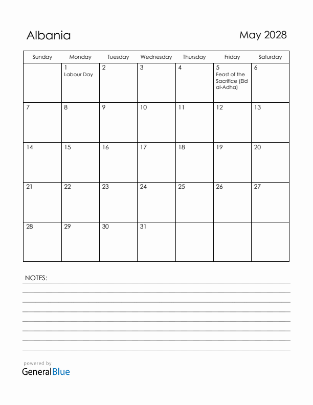 May 2028 Albania Calendar with Holidays (Sunday Start)