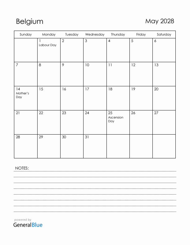 May 2028 Belgium Calendar with Holidays (Sunday Start)