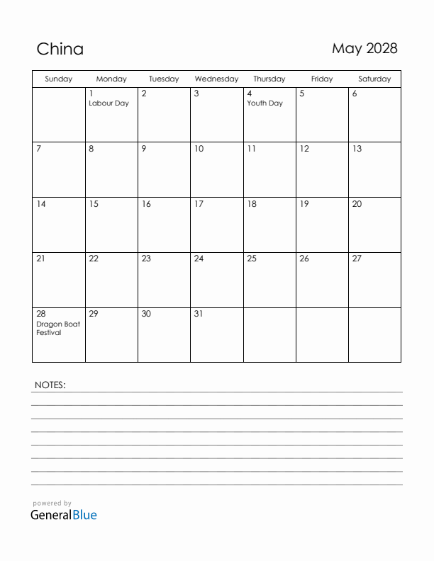 May 2028 China Calendar with Holidays (Sunday Start)