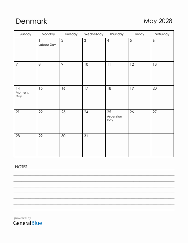 May 2028 Denmark Calendar with Holidays (Sunday Start)