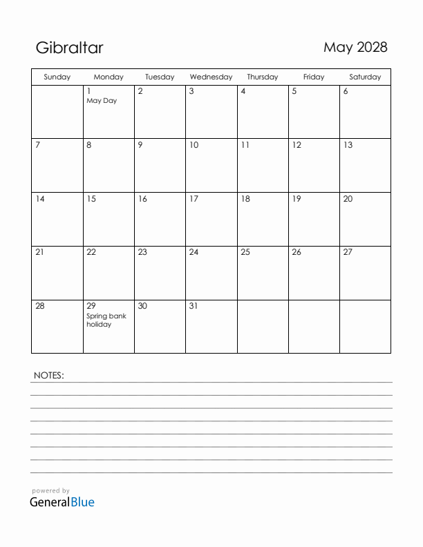 May 2028 Gibraltar Calendar with Holidays (Sunday Start)