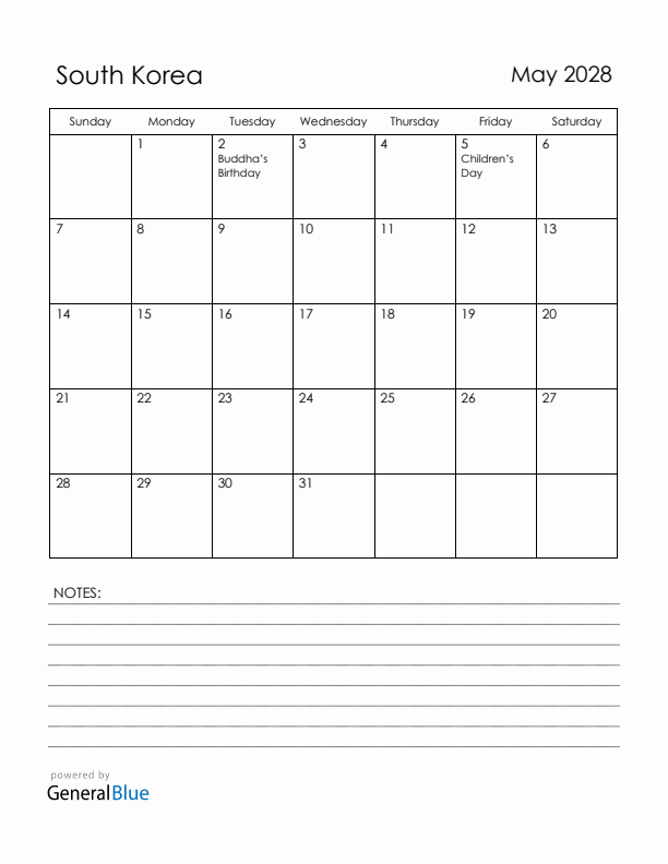 May 2028 South Korea Calendar with Holidays (Sunday Start)