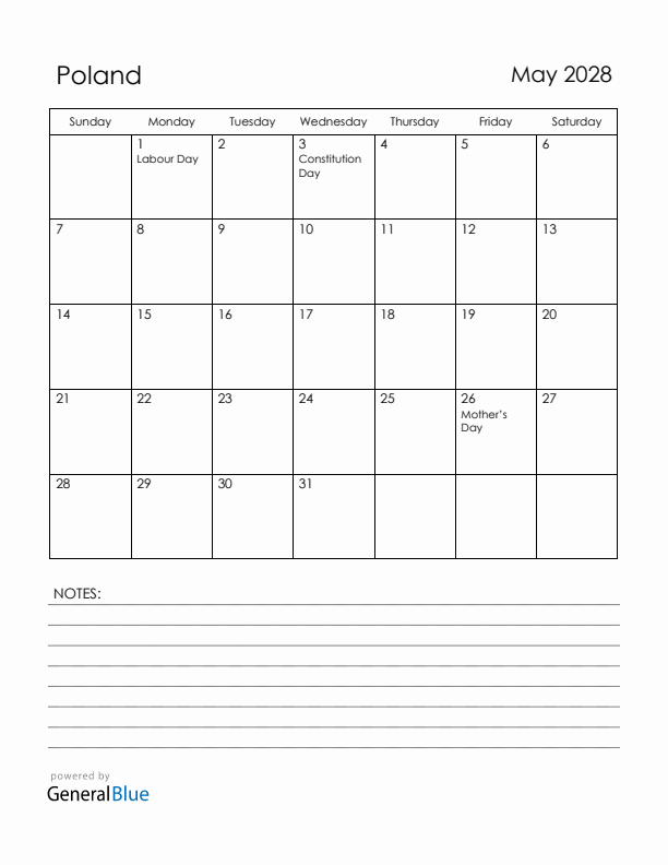 May 2028 Poland Calendar with Holidays (Sunday Start)