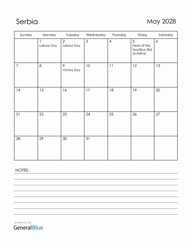 May 2028 Serbia Calendar with Holidays (Sunday Start)