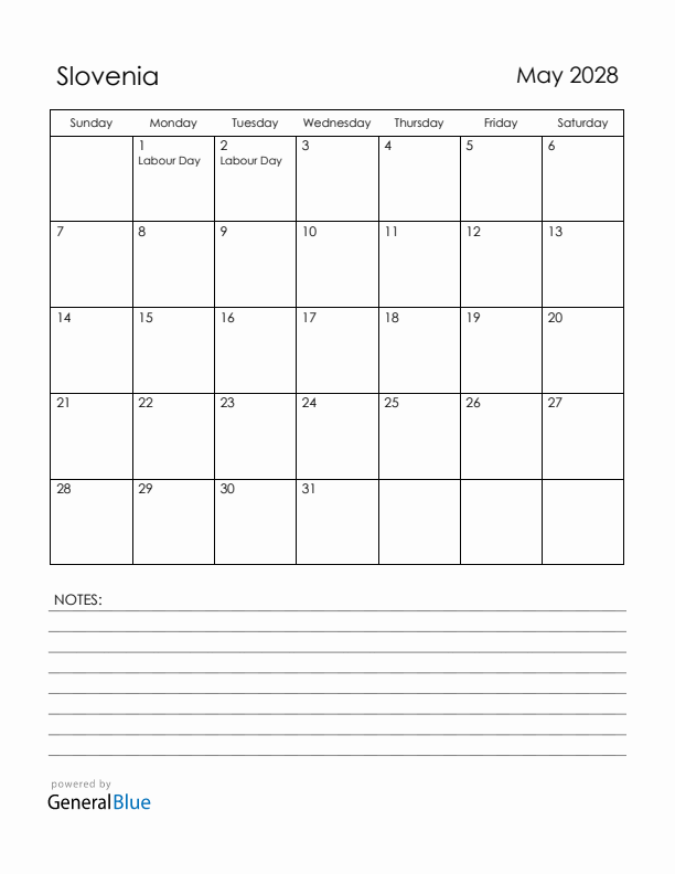 May 2028 Slovenia Calendar with Holidays (Sunday Start)