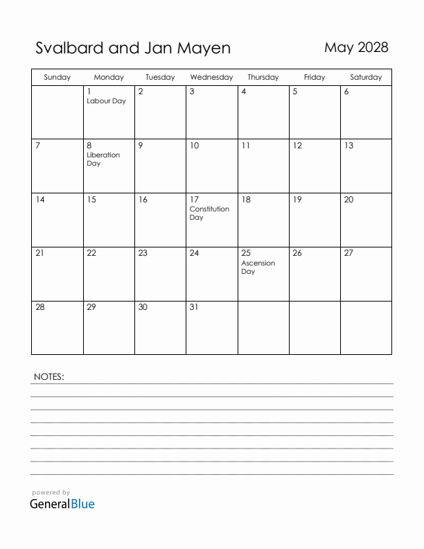 May 2028 Svalbard and Jan Mayen Calendar with Holidays (Sunday Start)