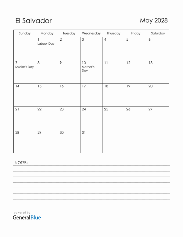 May 2028 El Salvador Calendar with Holidays (Sunday Start)