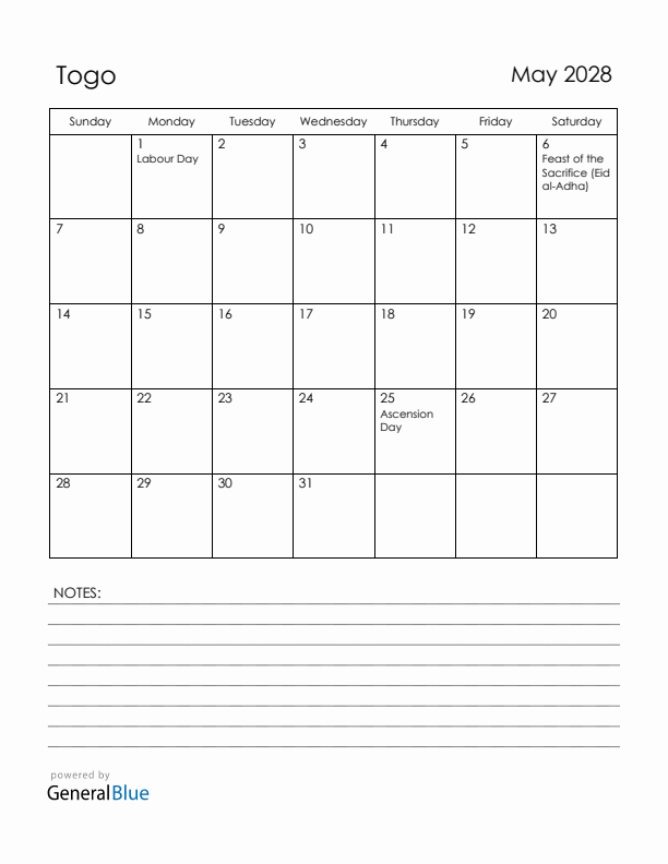 May 2028 Togo Calendar with Holidays (Sunday Start)