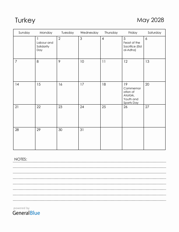 May 2028 Turkey Calendar with Holidays (Sunday Start)