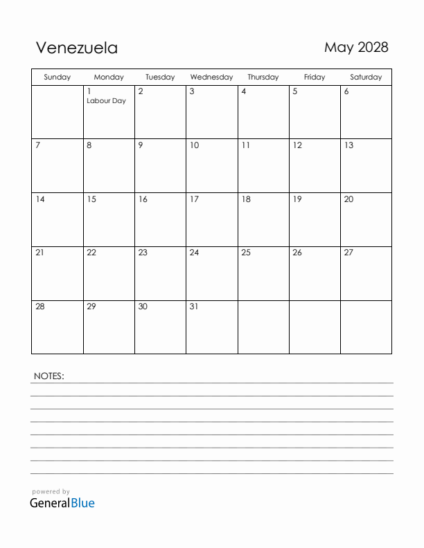 May 2028 Venezuela Calendar with Holidays (Sunday Start)