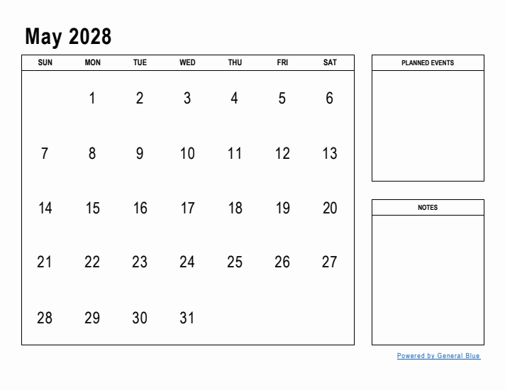 May 2028 Calendar Planner