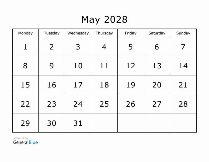 Printable May 2028 Calendar - Monday Start