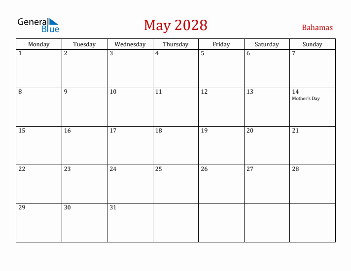 Bahamas May 2028 Calendar - Monday Start