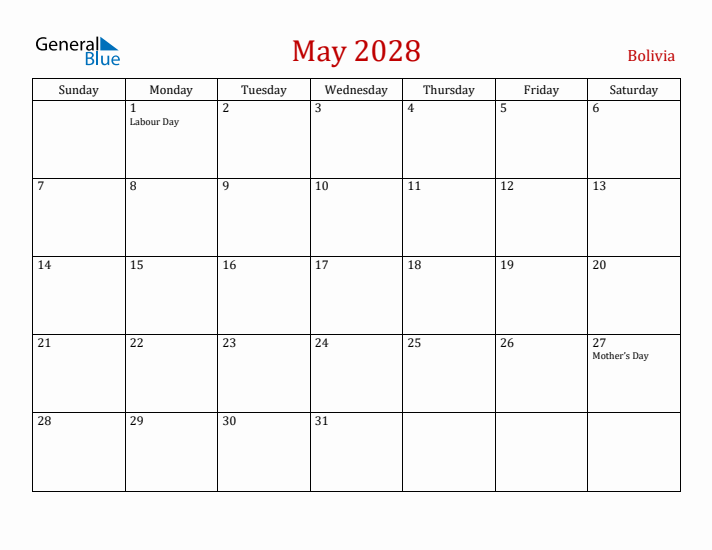 Bolivia May 2028 Calendar - Sunday Start