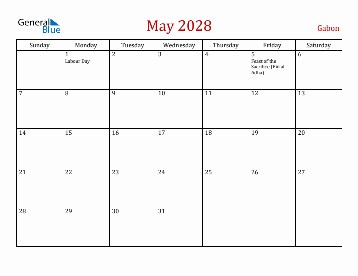 Gabon May 2028 Calendar - Sunday Start