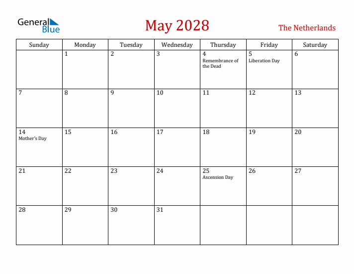 The Netherlands May 2028 Calendar - Sunday Start