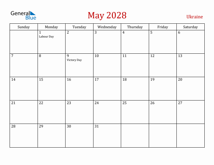 Ukraine May 2028 Calendar - Sunday Start