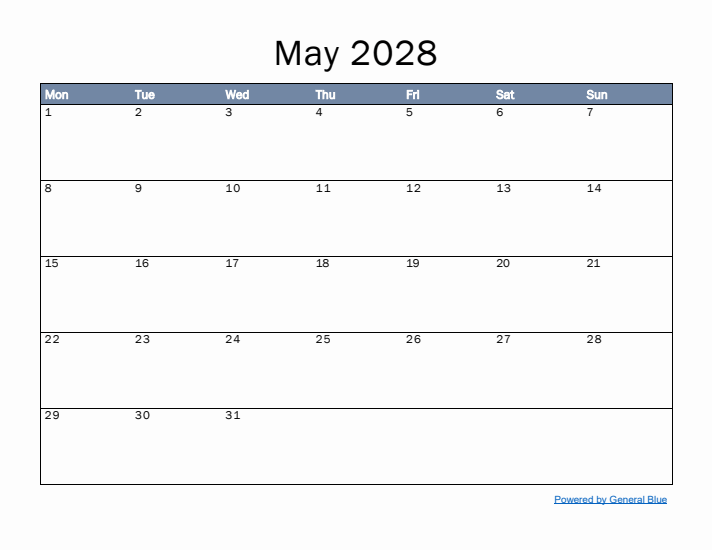 May 2028 Simple Month Calendar Template