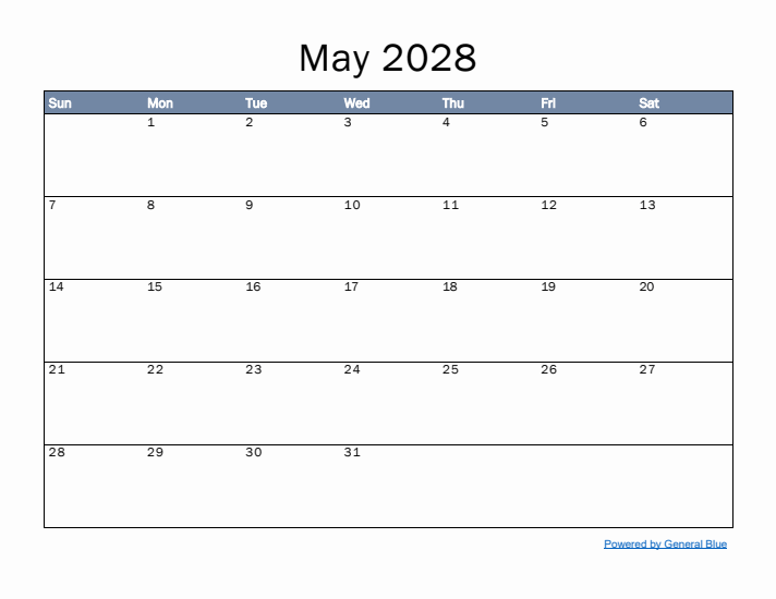 May 2028 Simple Month Calendar Template