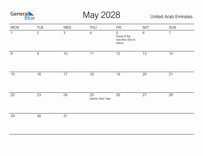 Printable May 2028 Calendar for United Arab Emirates