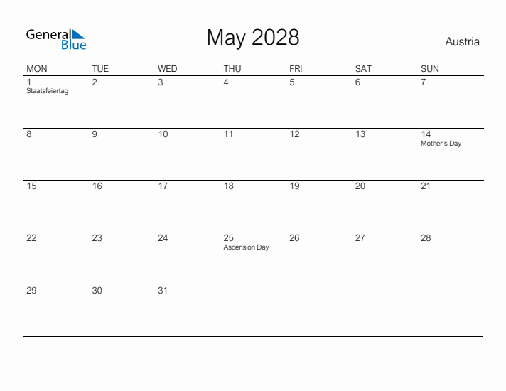 Printable May 2028 Calendar for Austria