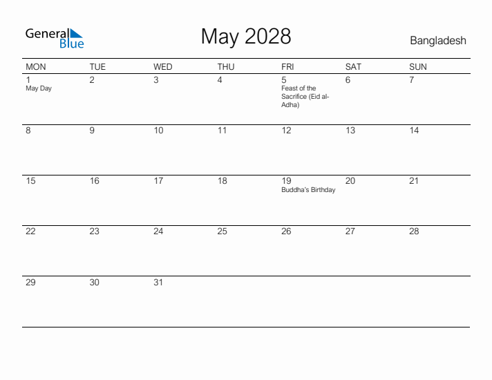 Printable May 2028 Calendar for Bangladesh