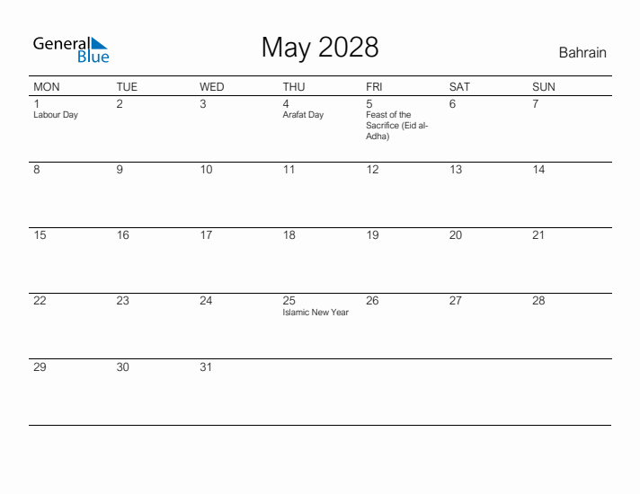 Printable May 2028 Calendar for Bahrain