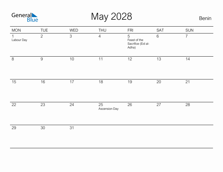 Printable May 2028 Calendar for Benin