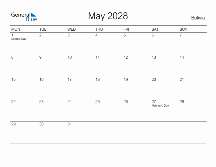 Printable May 2028 Calendar for Bolivia