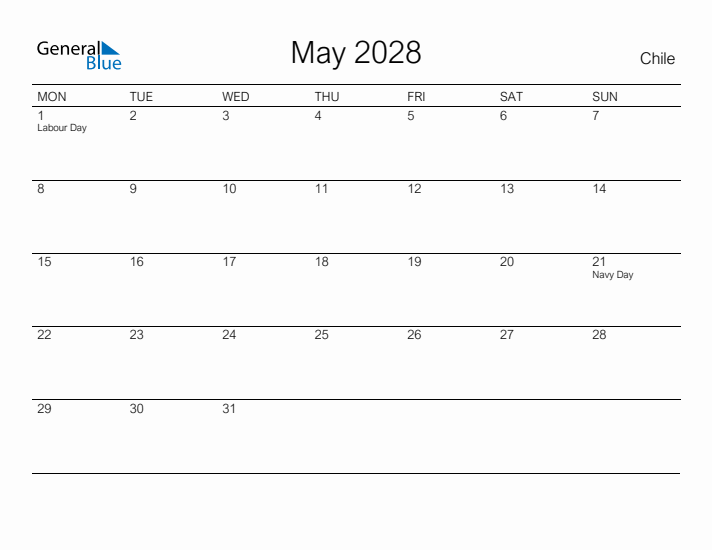 Printable May 2028 Calendar for Chile