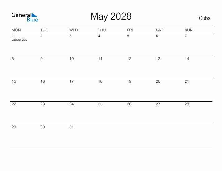 Printable May 2028 Calendar for Cuba