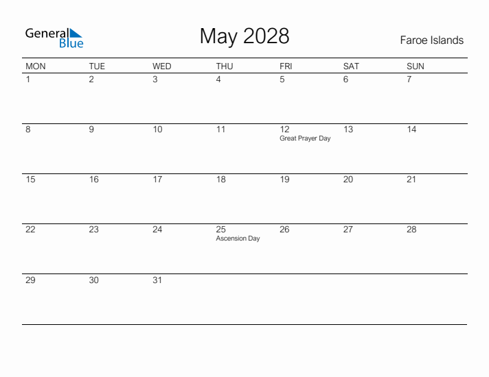 Printable May 2028 Calendar for Faroe Islands