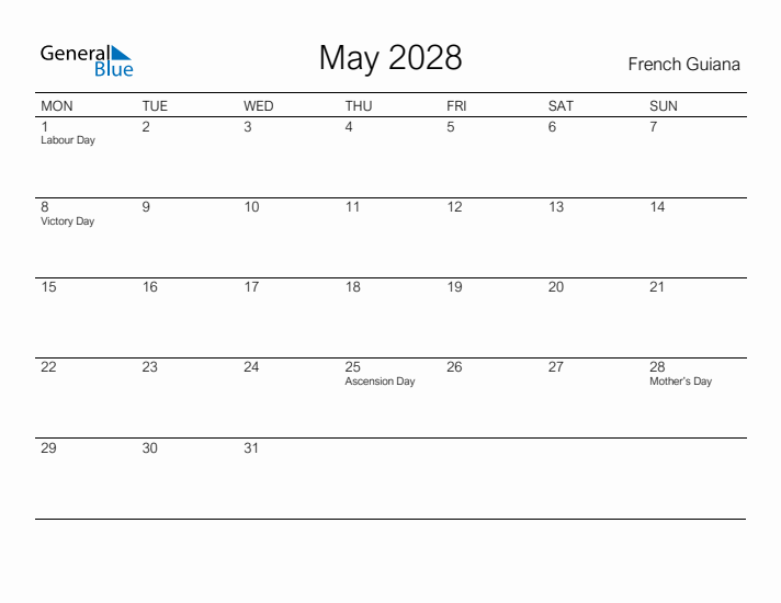 Printable May 2028 Calendar for French Guiana