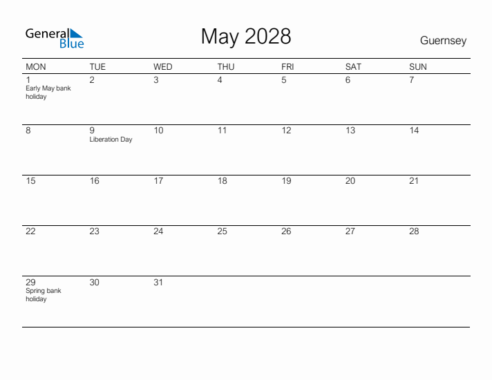 Printable May 2028 Calendar for Guernsey