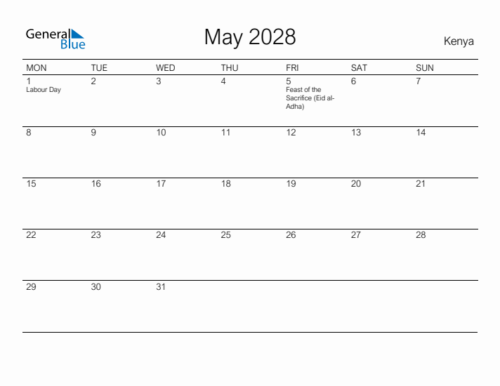 Printable May 2028 Calendar for Kenya