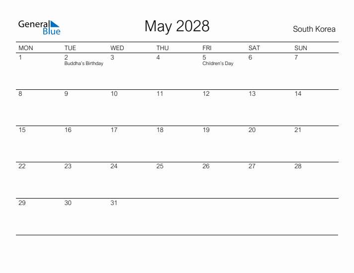 Printable May 2028 Calendar for South Korea