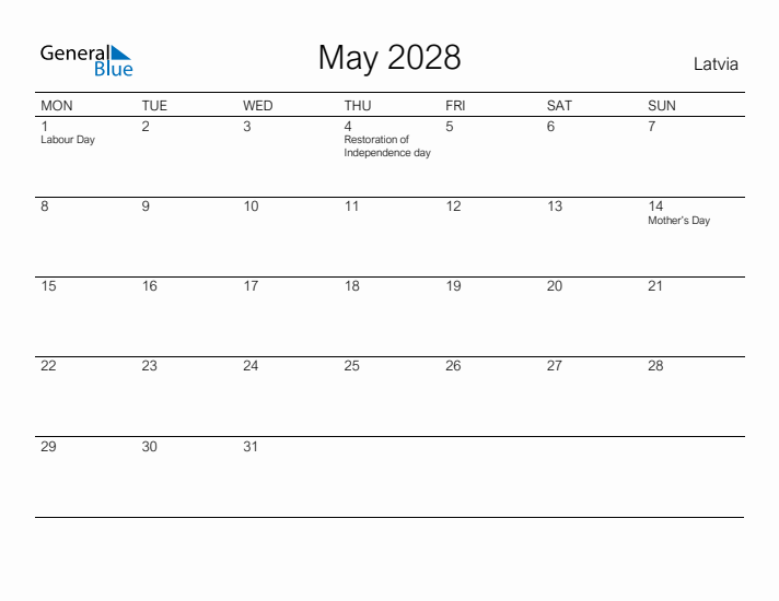 Printable May 2028 Calendar for Latvia