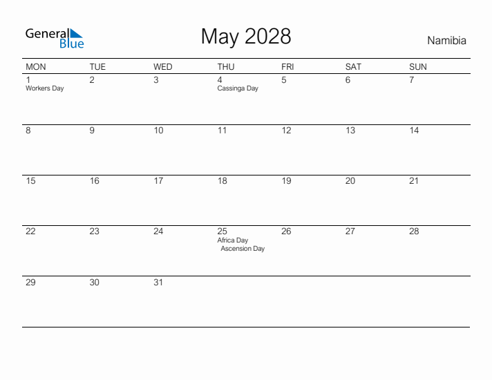 Printable May 2028 Calendar for Namibia