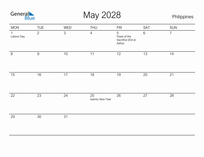 Printable May 2028 Calendar for Philippines