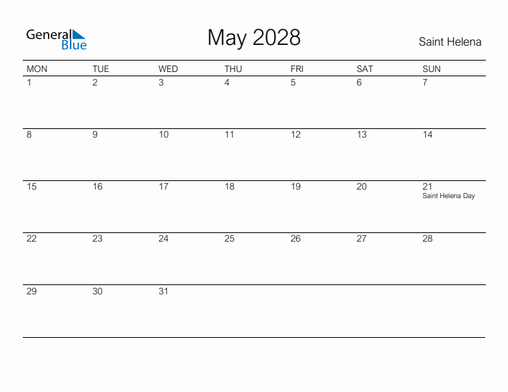 Printable May 2028 Calendar for Saint Helena