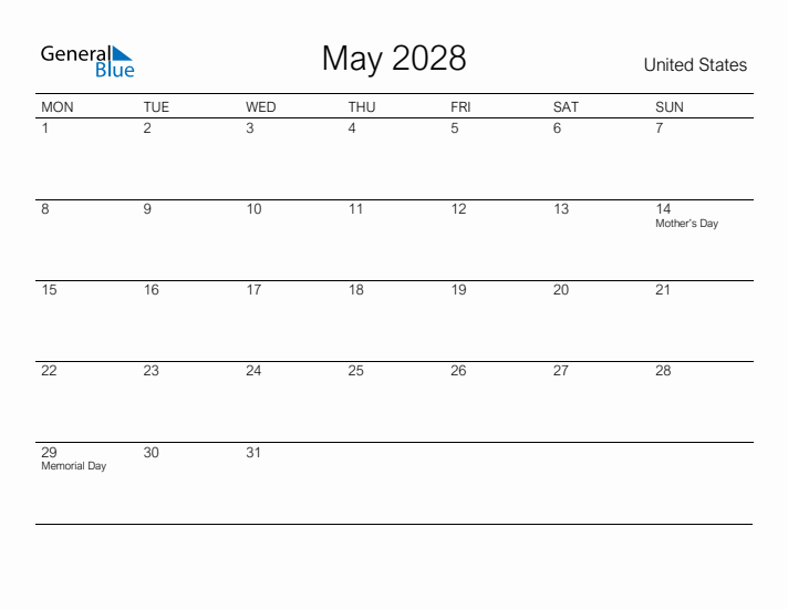 Printable May 2028 Calendar for United States