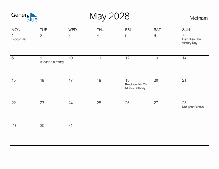 Printable May 2028 Calendar for Vietnam