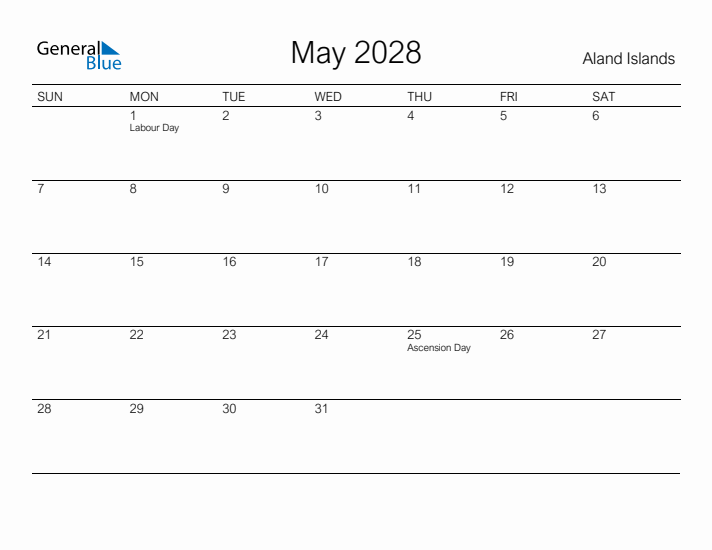 Printable May 2028 Calendar for Aland Islands