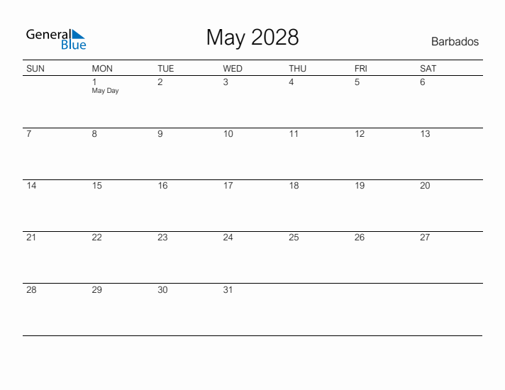 Printable May 2028 Calendar for Barbados