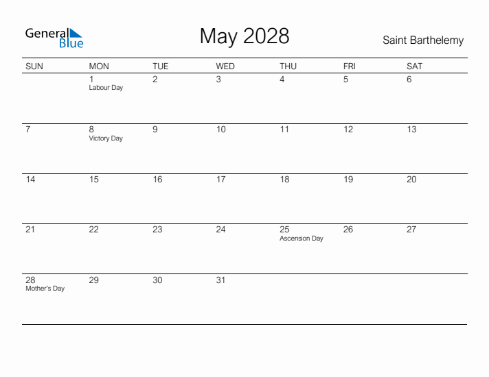 Printable May 2028 Calendar for Saint Barthelemy